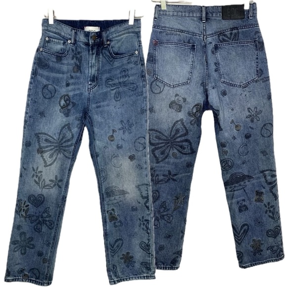 BDG Urban Outfitters Embroidered Doodle Jeans Size 27 High Rise Bootcut Denim - Picture 1 of 14